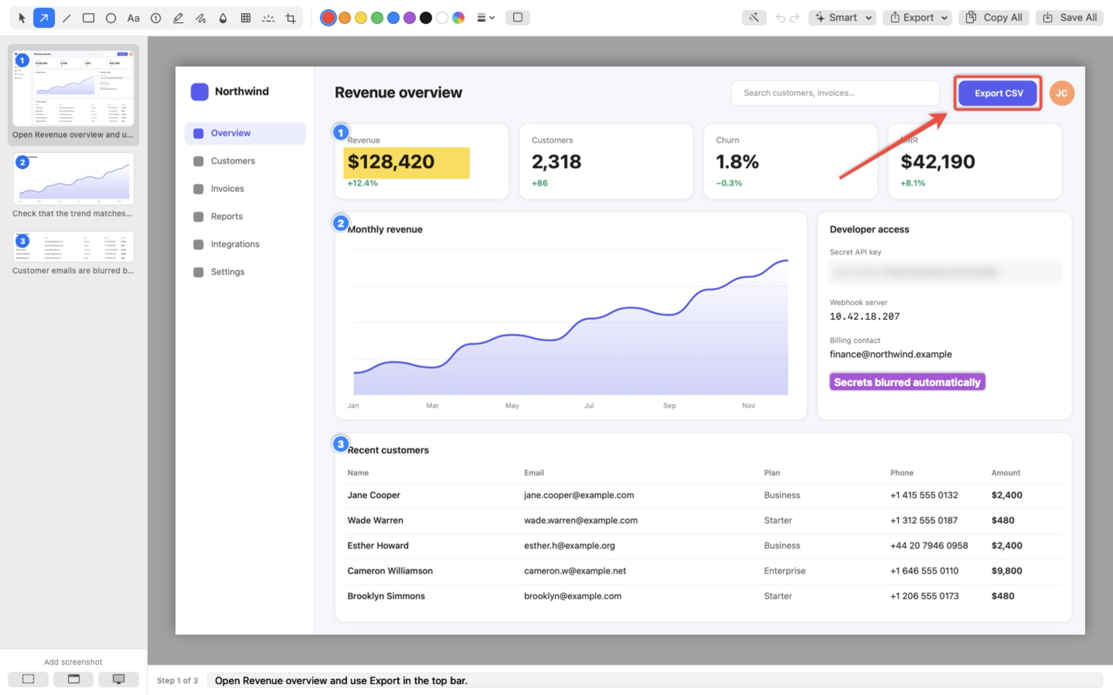 The PixNip editor with an annotated dashboard screenshot, numbered steps, a blurred API key and a sidebar of three stacked shots