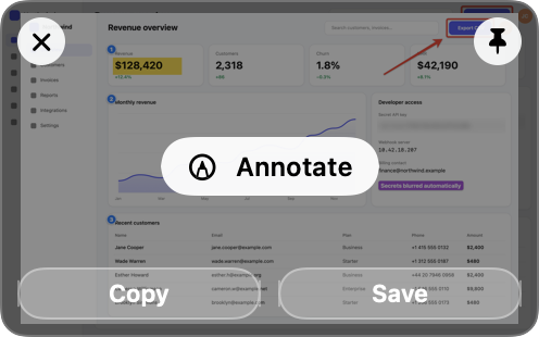 Quick Access thumbnail with Copy, Save, Annotate and Pin