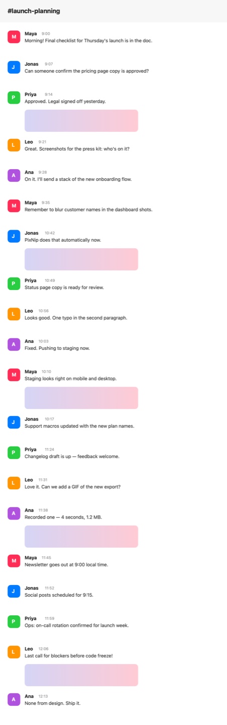 A long team chat captured as one tall image