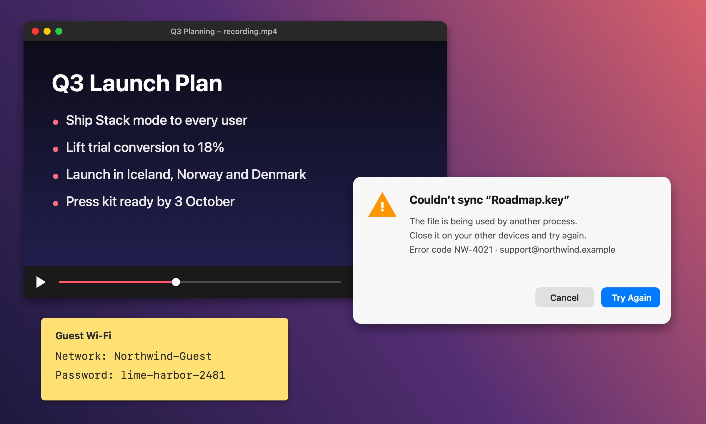 A paused video slide, an error dialog and a sticky note with a Wi-Fi password